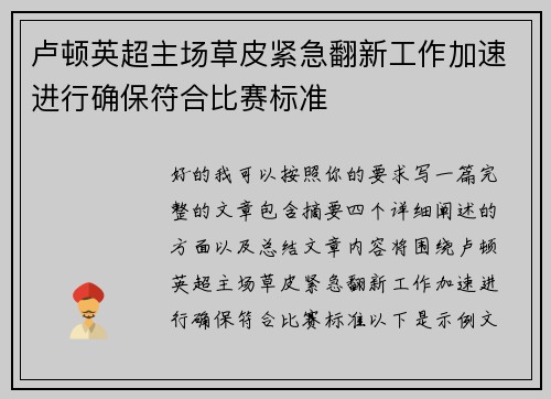 卢顿英超主场草皮紧急翻新工作加速进行确保符合比赛标准