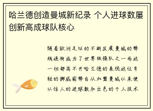 哈兰德创造曼城新纪录 个人进球数屡创新高成球队核心