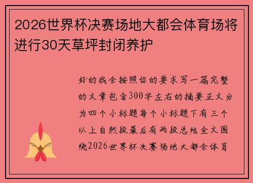 2026世界杯决赛场地大都会体育场将进行30天草坪封闭养护